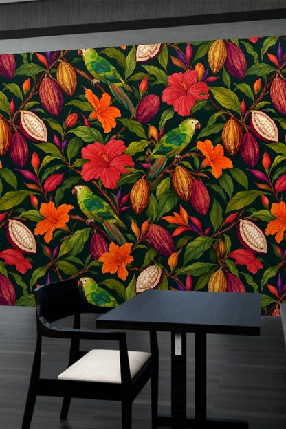 Close-up detail of cocoa pods and parrot in wallpaper pattern