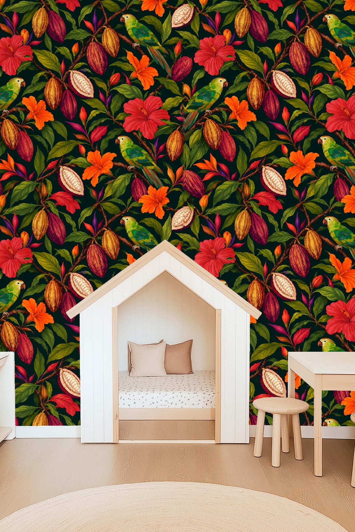Dark background creating contrast for vivid botanical motifs