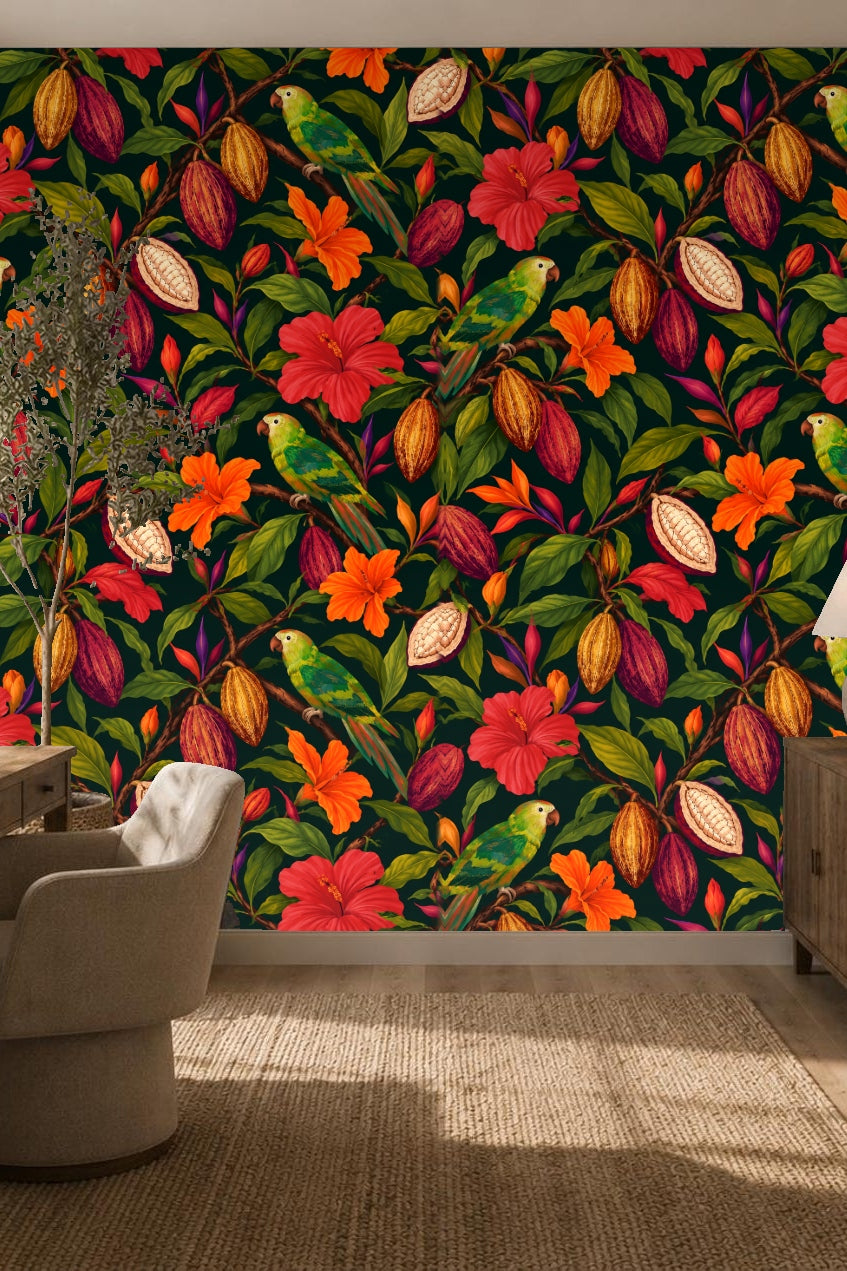 Green parrots perched on branches with exotic flowers in wallpaper