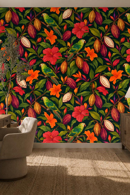 Green parrots perched on branches with exotic flowers in wallpaper