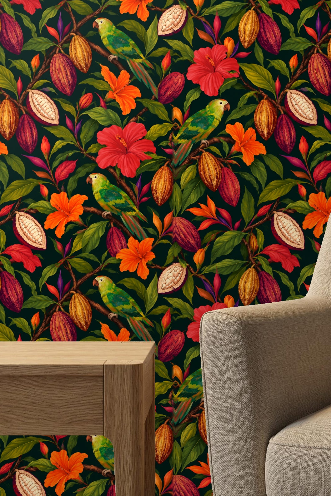 Parrot tail feathers with blended green and orange hues on wallpaper