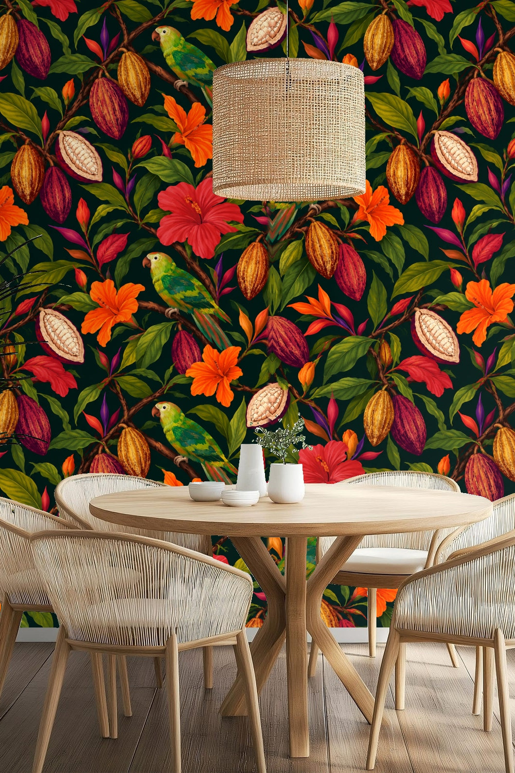 Bedroom interior featuring Tropical Cocoa Parrot wallpaper with bed and bedside lamp