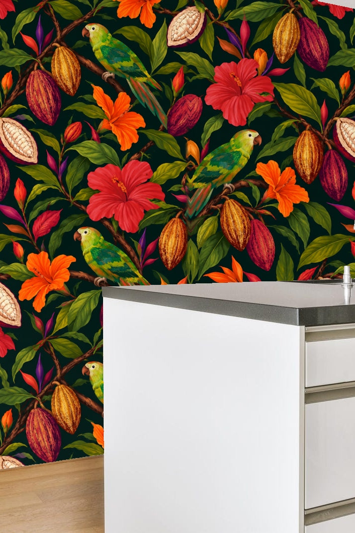 Bright orange and red tropical flowers accent the wallpaper pattern
