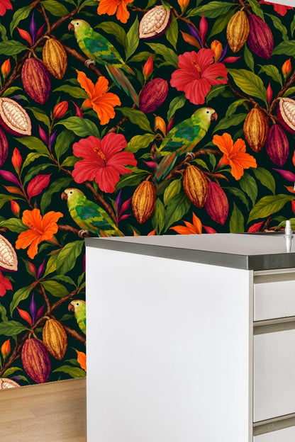Bright orange and red tropical flowers accent the wallpaper pattern