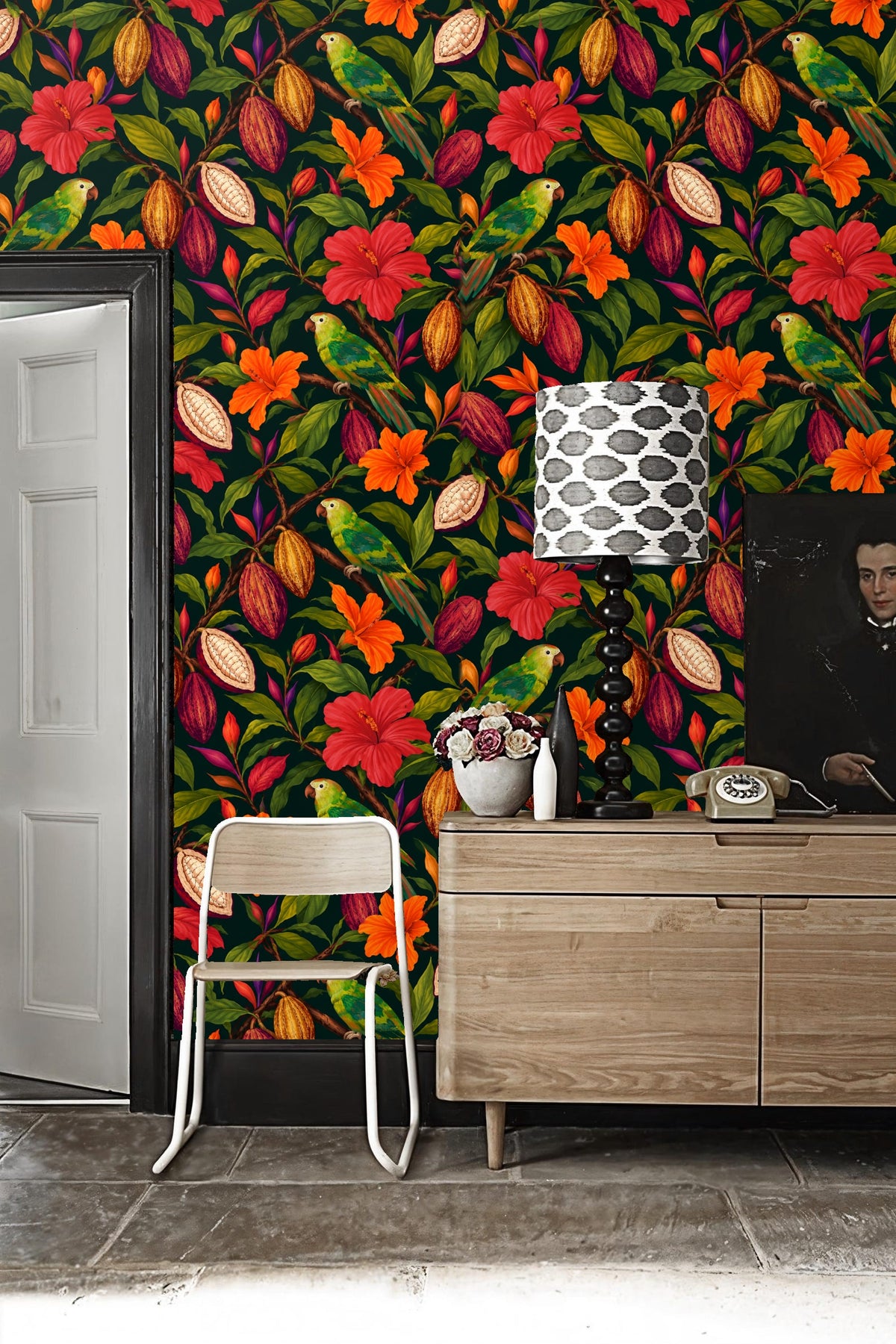 Opened cocoa pods revealing seeds in colorful tropical wallpaper