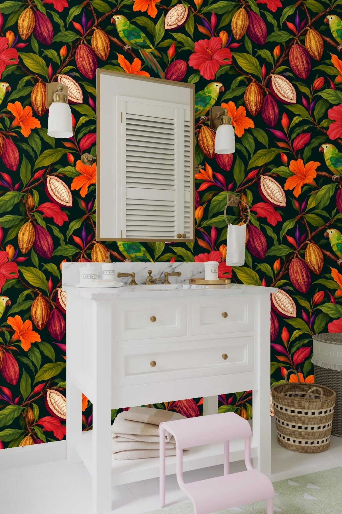 Vibrant hibiscus and leafy branches in the wallpaper design
