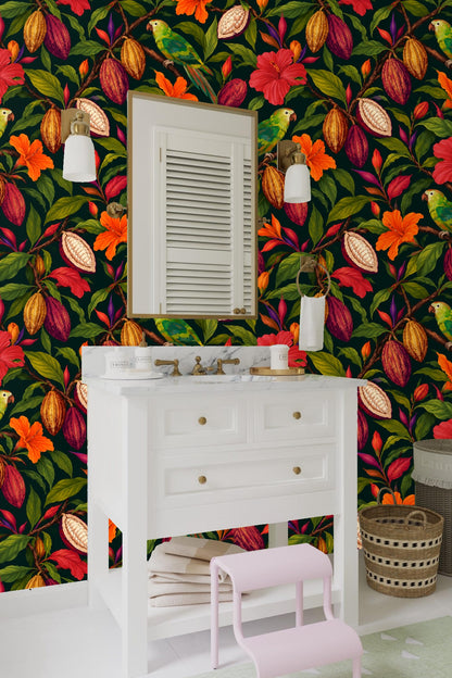 Vibrant hibiscus and leafy branches in the wallpaper design