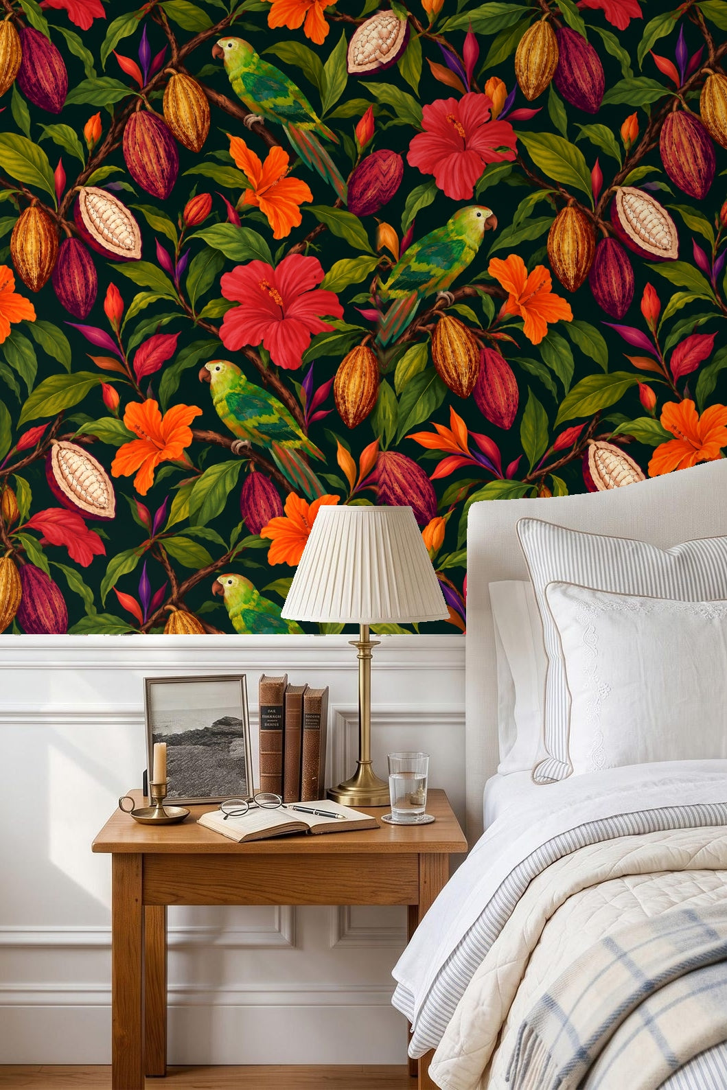 Pattern repeat showing multiple parrots and cocoa pods