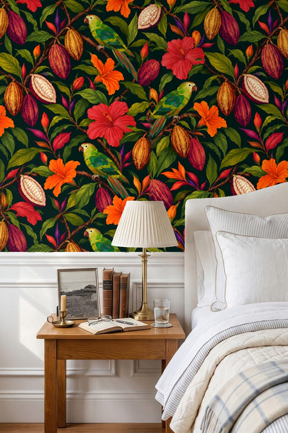 Pattern repeat showing multiple parrots and cocoa pods