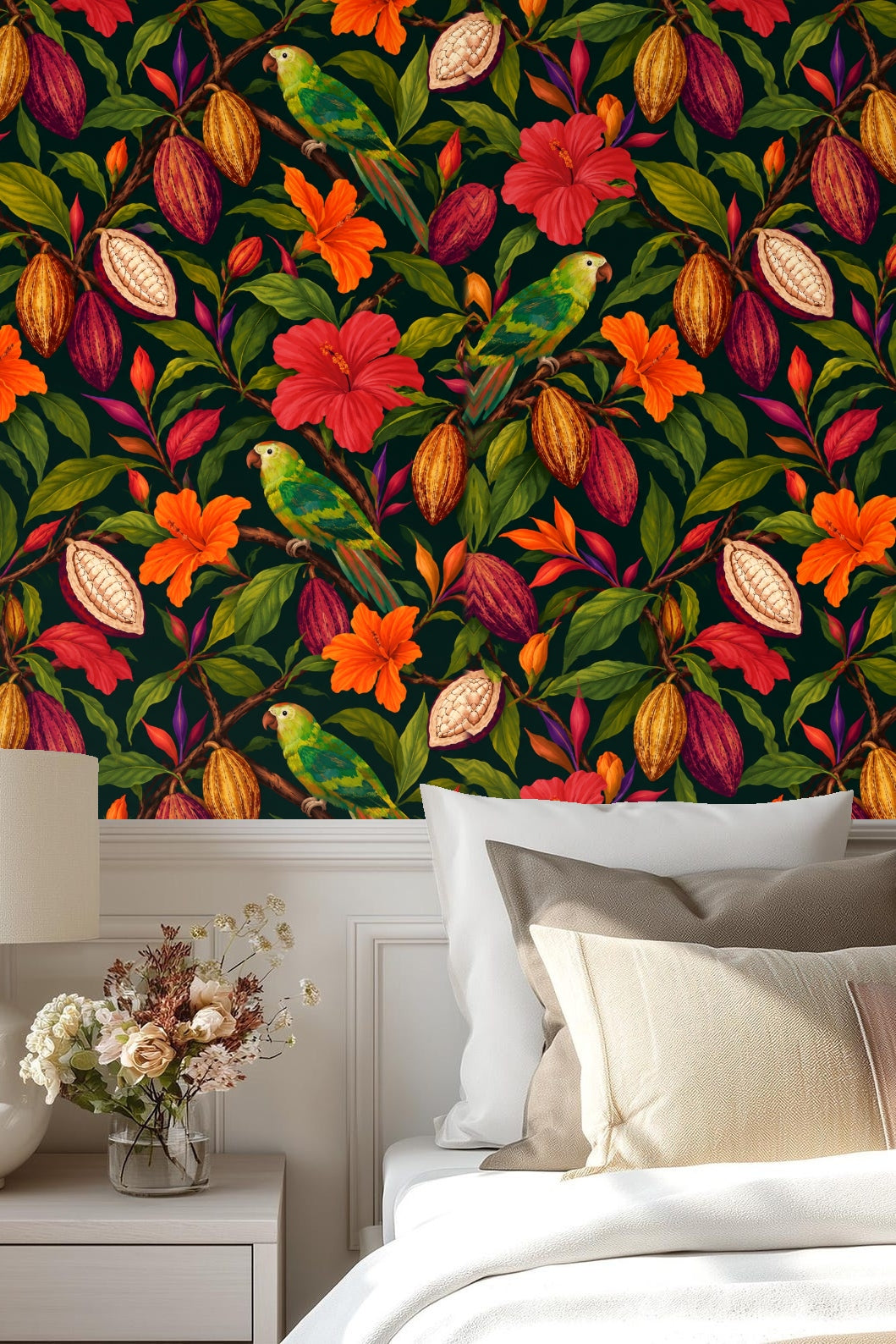 Wall decorated with Tropical Cocoa Parrot wallpaper behind a modern sideboard