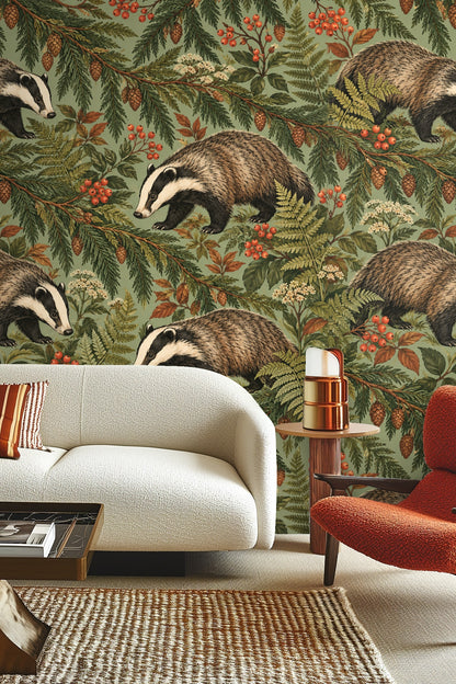 Side view of badger motif among leaves and botanical elements on wall.