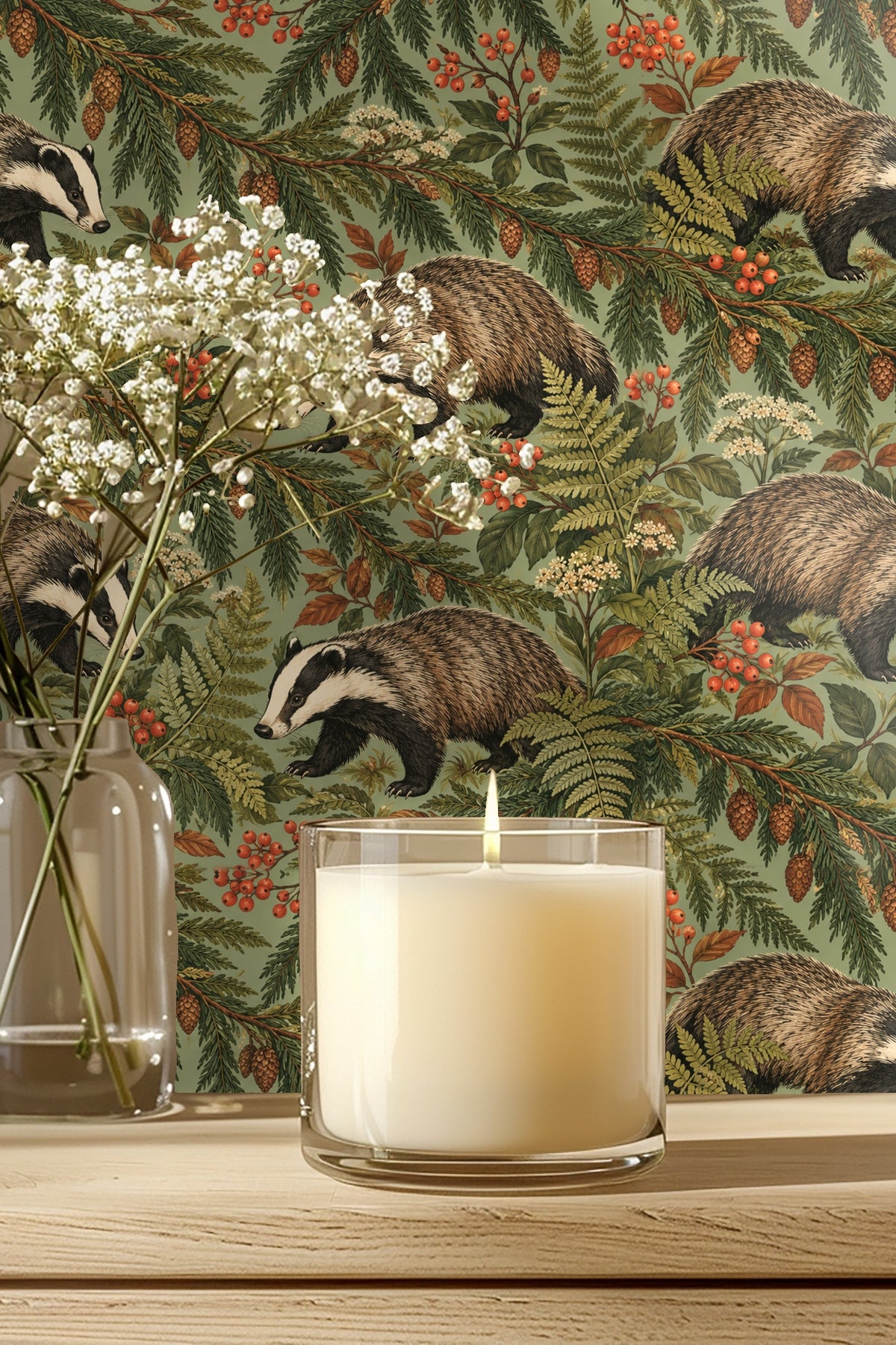 Detailed wallpaper pattern showing illustrated badgers, pinecones, berries, and ferns on a sage green background.