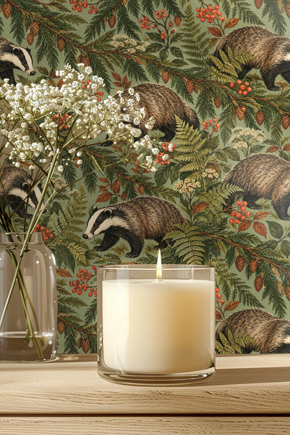 Detailed wallpaper pattern showing illustrated badgers, pinecones, berries, and ferns on a sage green background.