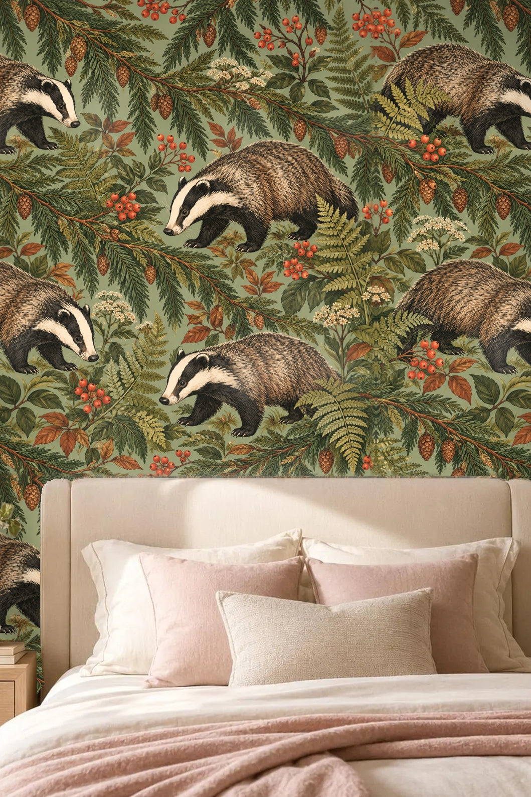 Overall view of wallpaper pattern emphasizing greenery and wildlife motif.