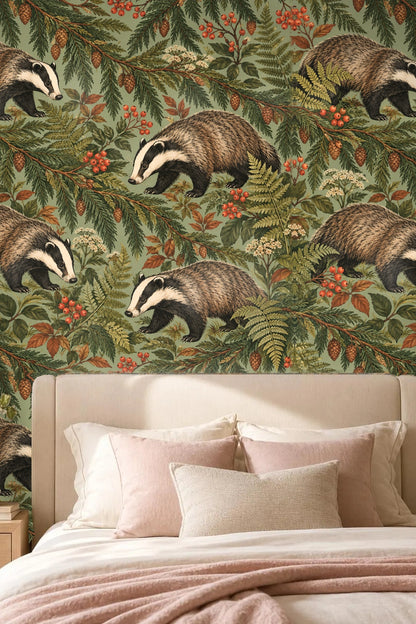 Overall view of wallpaper pattern emphasizing greenery and wildlife motif.