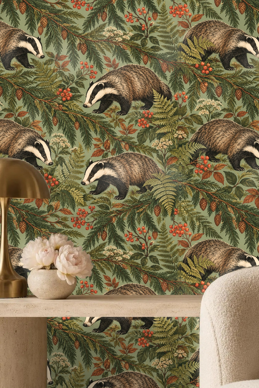 Clusters of pinecones and red berries integrated with fern and leafy foliage on wallpaper.