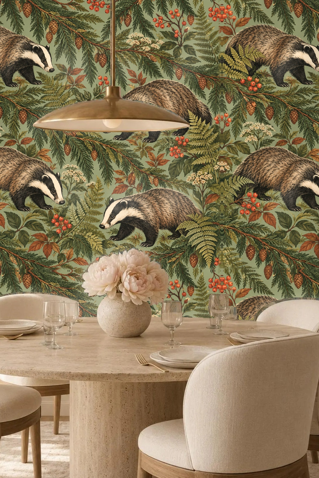 Composition showing interwoven fir branches and ferns with autumnal leaves and bright berries.