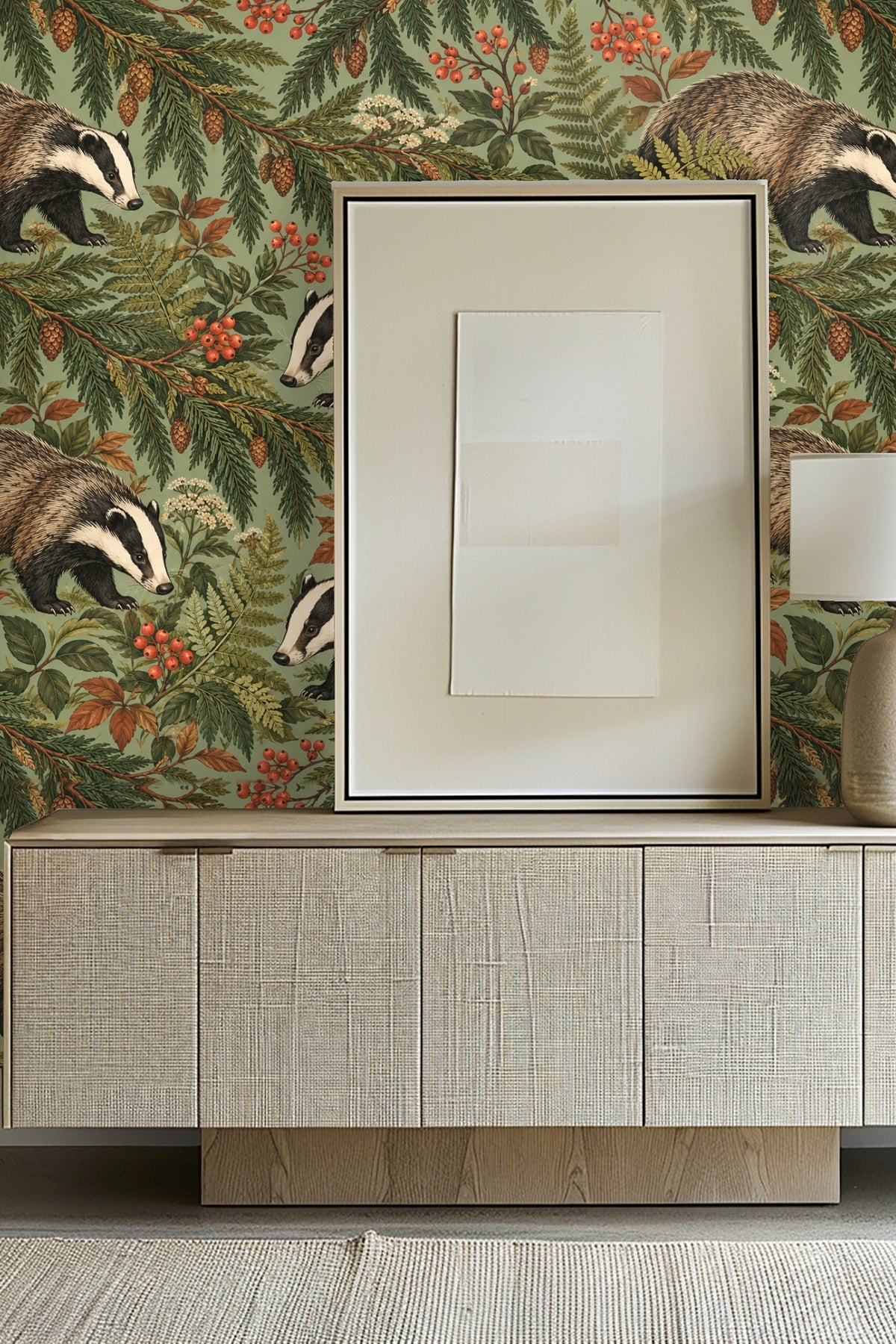 Badger illustration in the wallpaper with fine textural detail and natural color palette.