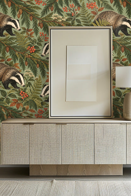 Badger illustration in the wallpaper with fine textural detail and natural color palette.