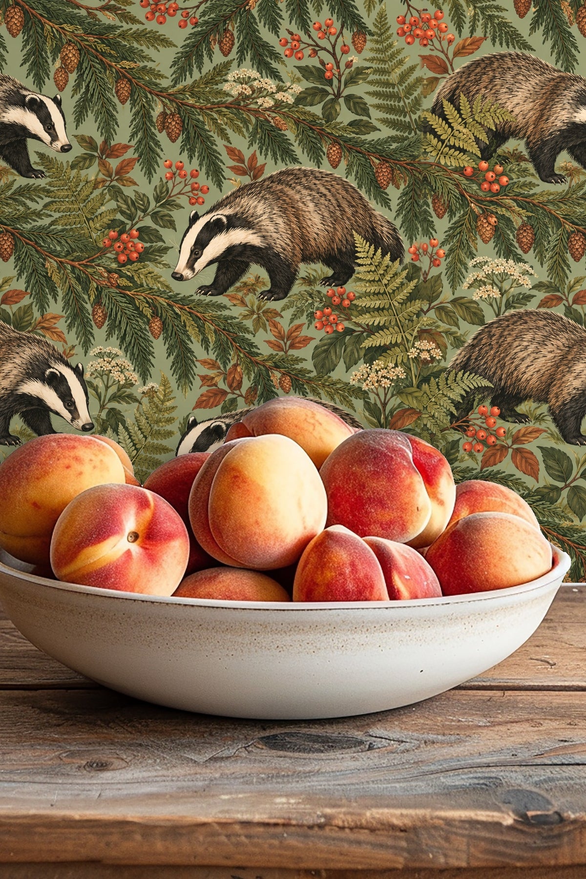 Wallpaper corner featuring vibrant red-orange berries and pale clustered flowers.