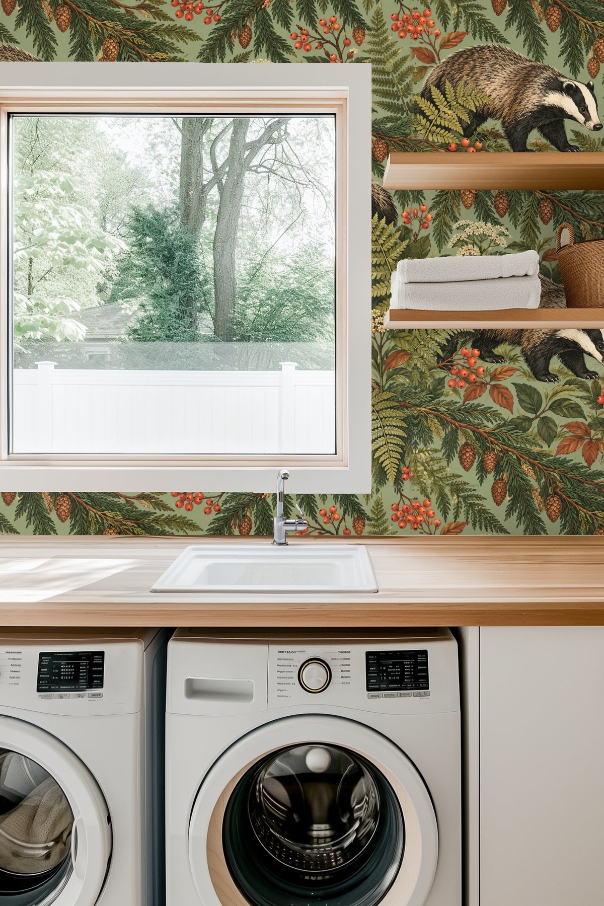 Close-up of the wallpaper with badgers and botanical motifs next to a lit candle and white flowers in glass vases.