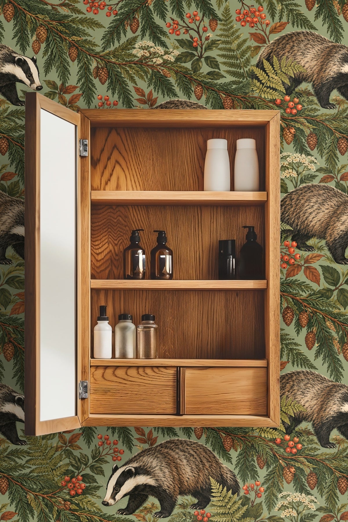 Wallpaper in a laundry room setting behind washer, dryer, and wooden shelves with towels and basket, showcasing scale and atmosphere.