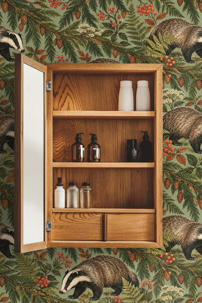 Wallpaper in a laundry room setting behind washer, dryer, and wooden shelves with towels and basket, showcasing scale and atmosphere.