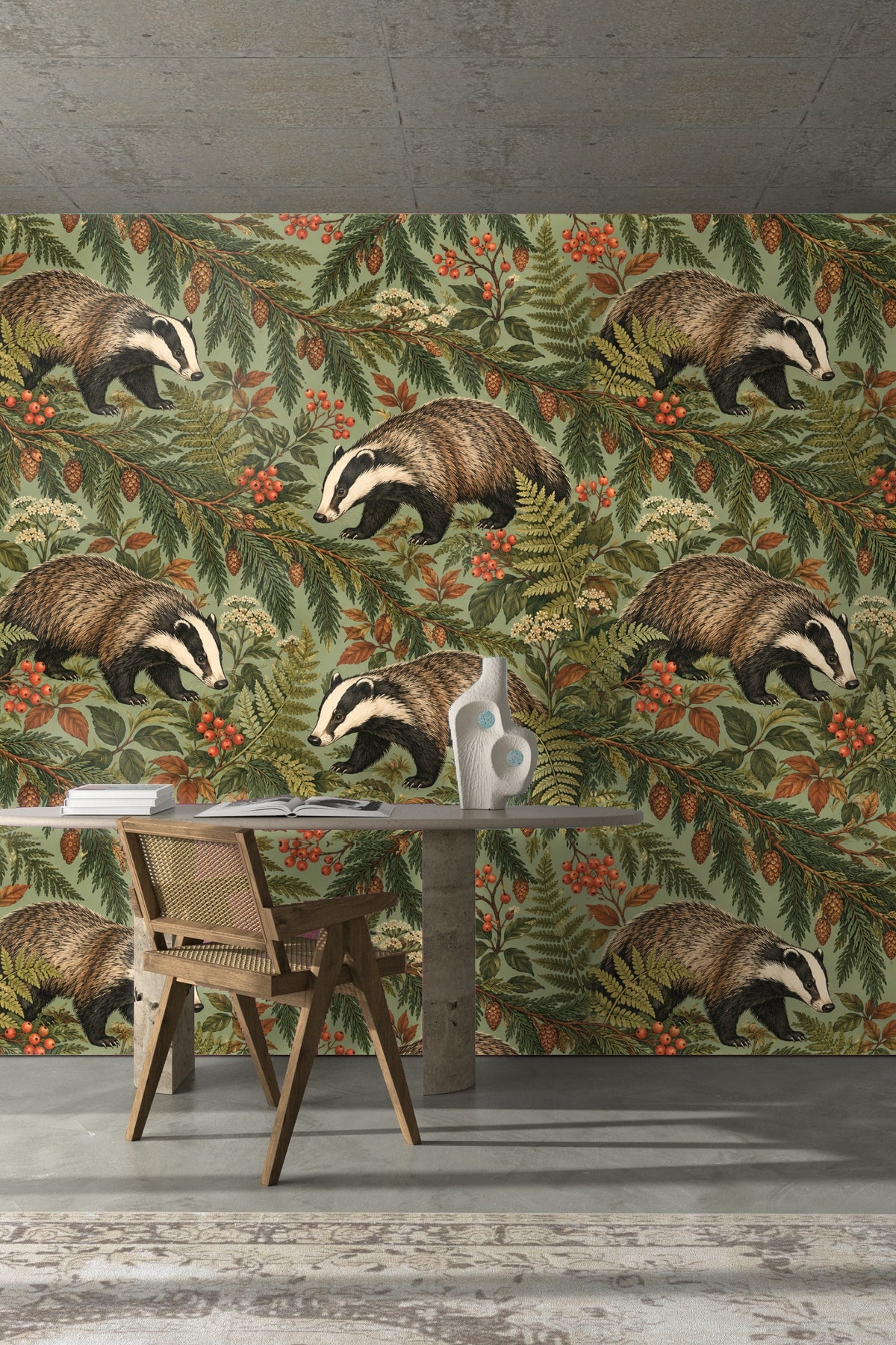 Layered botanical drawing mixing conifer branches and broad green leaves with forest animal.