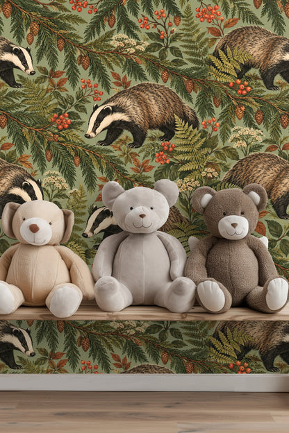 Naturalistic depiction of badgers walking through a forest floor scene on wallpaper.