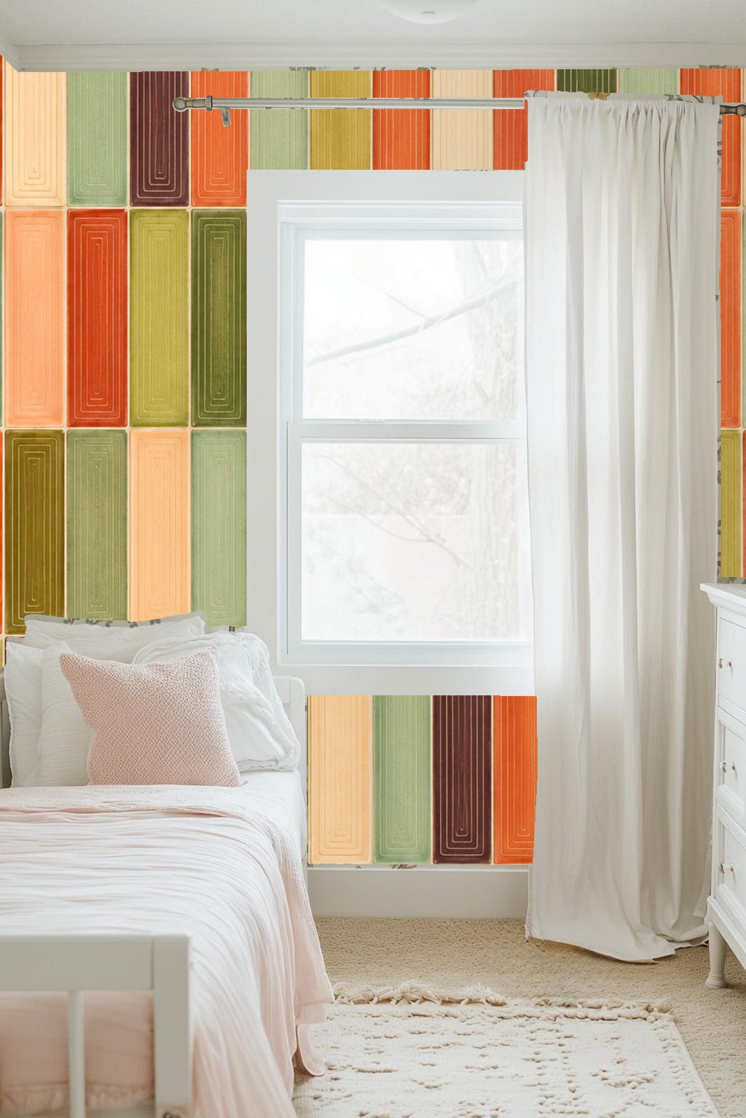 Arrangement of the tile blocks with alternating colors creating a rhythmic pattern