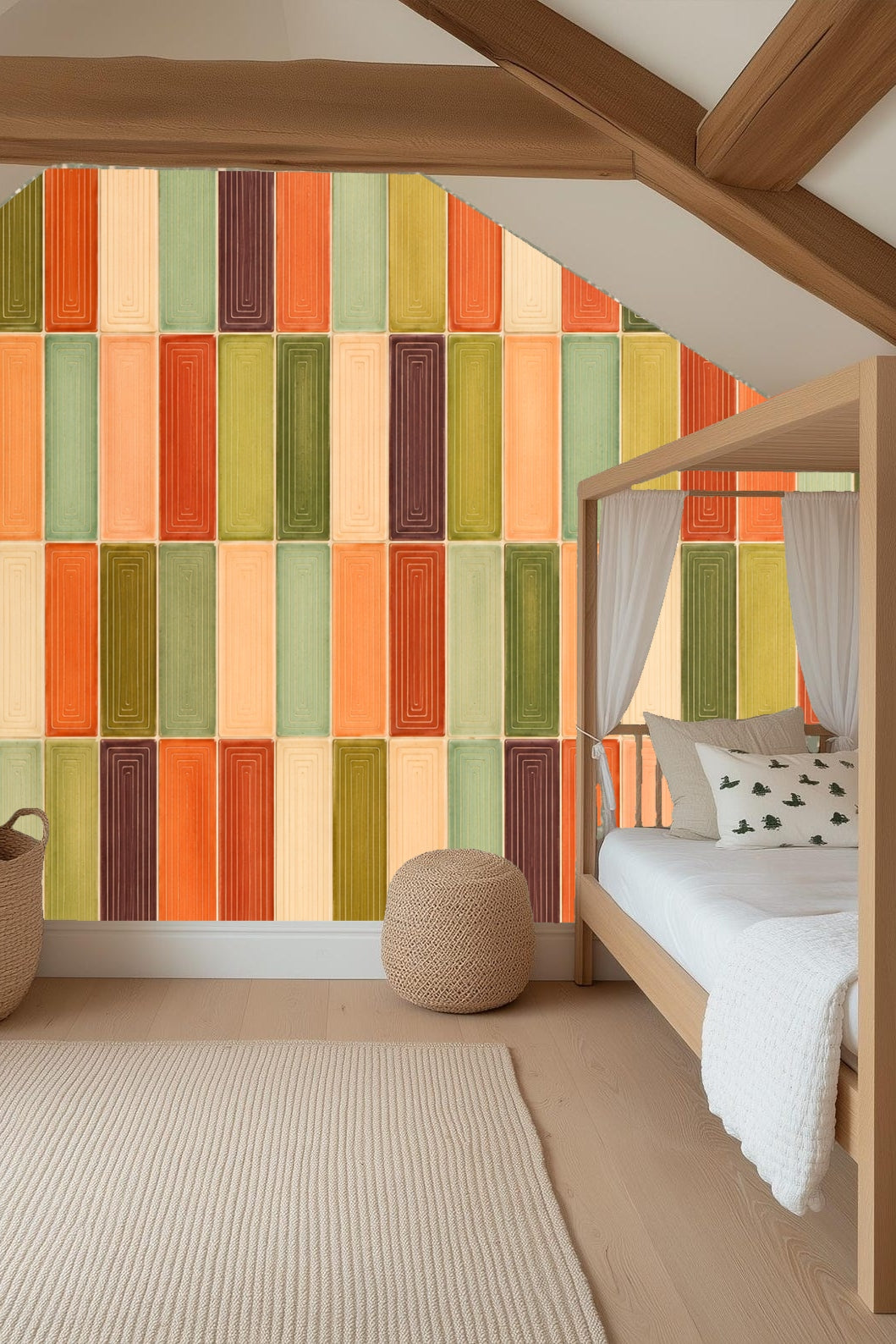 Living space with woven pendant lamp complementing the wallpaper’s warm palette