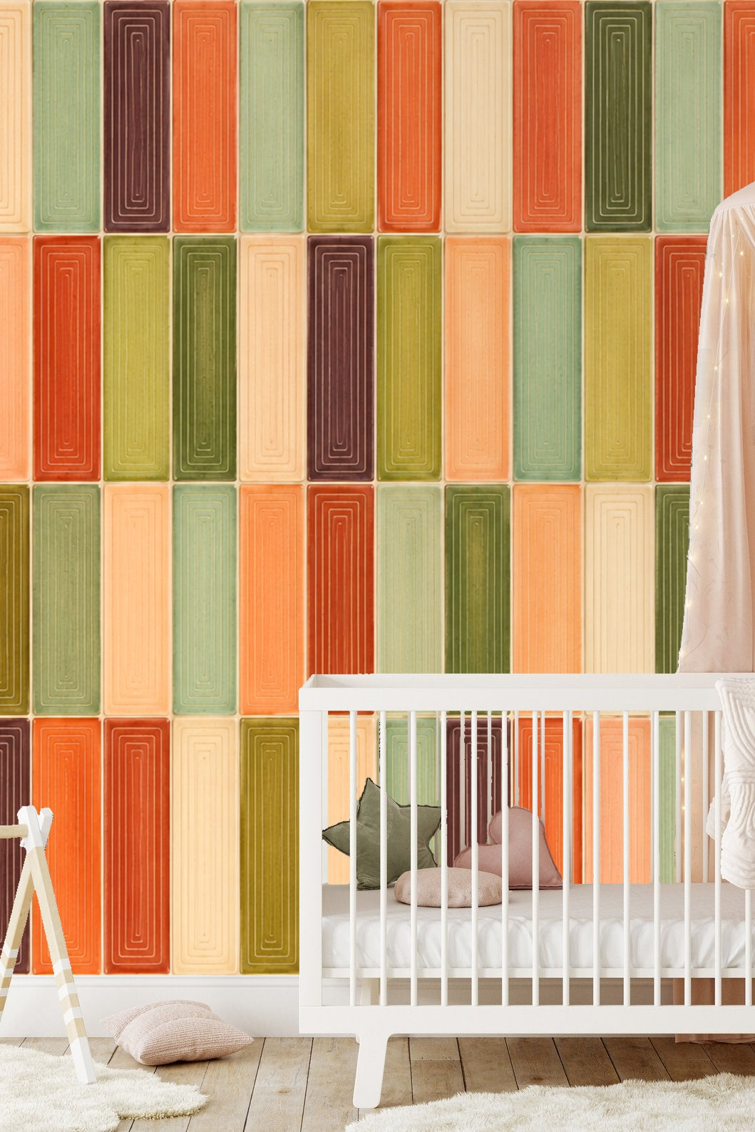Modern interior with wooden furniture against the midcentury inspired tile wallpaper