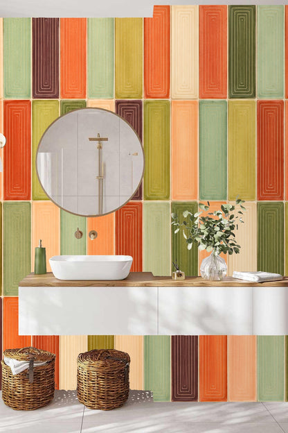 Detail of wallpaper texture emphasizing subtle concentric lines within each colored tile block