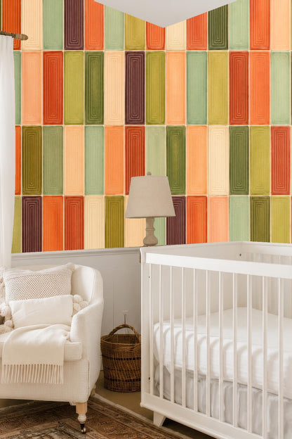Close-up of the vertical rectangular tiles in warm and cool earth tones showing linear interior pattern