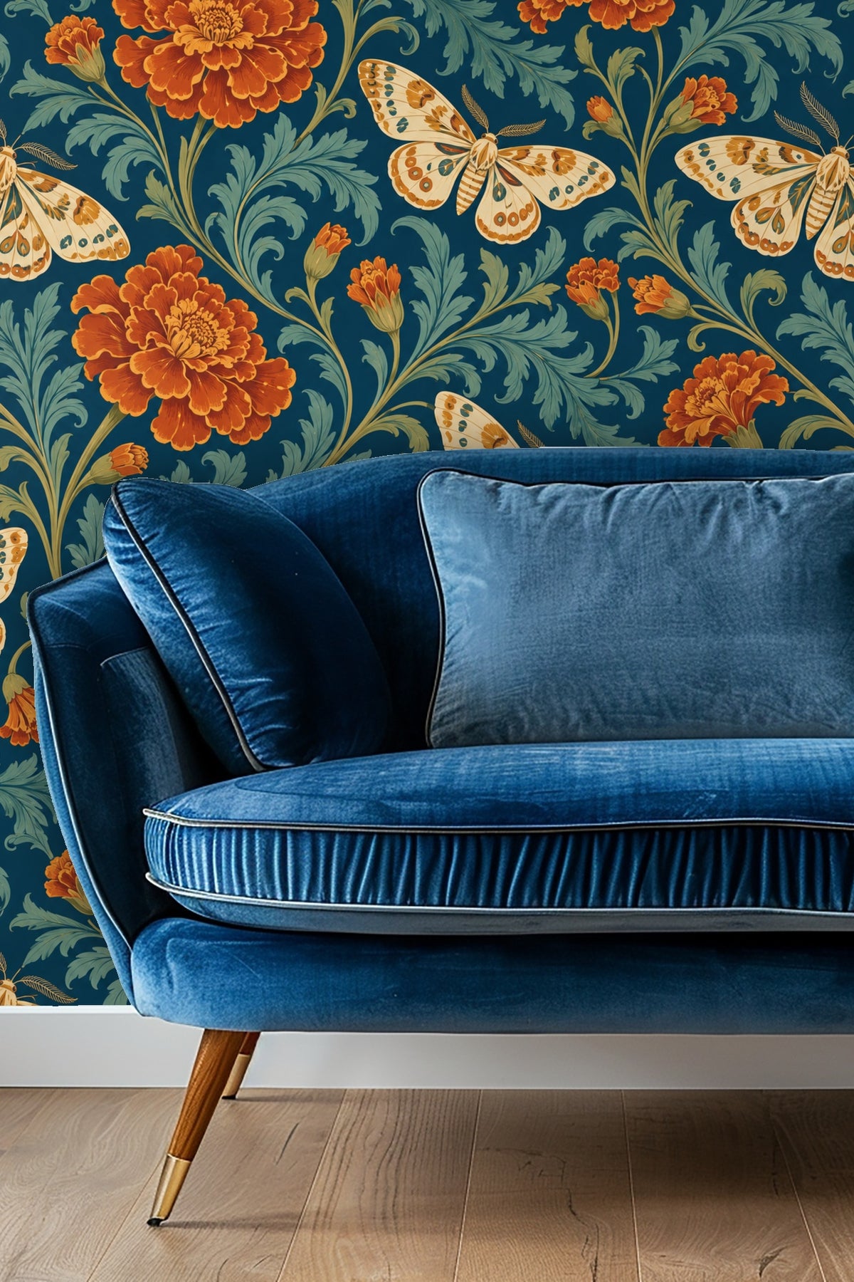 Interior room with blue velvet couch against wallpaper with marigolds and moths on teal background