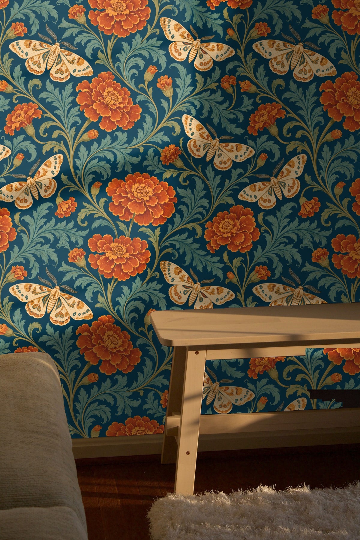 Lower section of a wall fully covered with marigold moth wallpaper