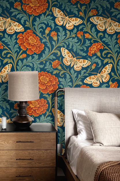Full scale wallpaper sheet showing artful composition of flora and fauna