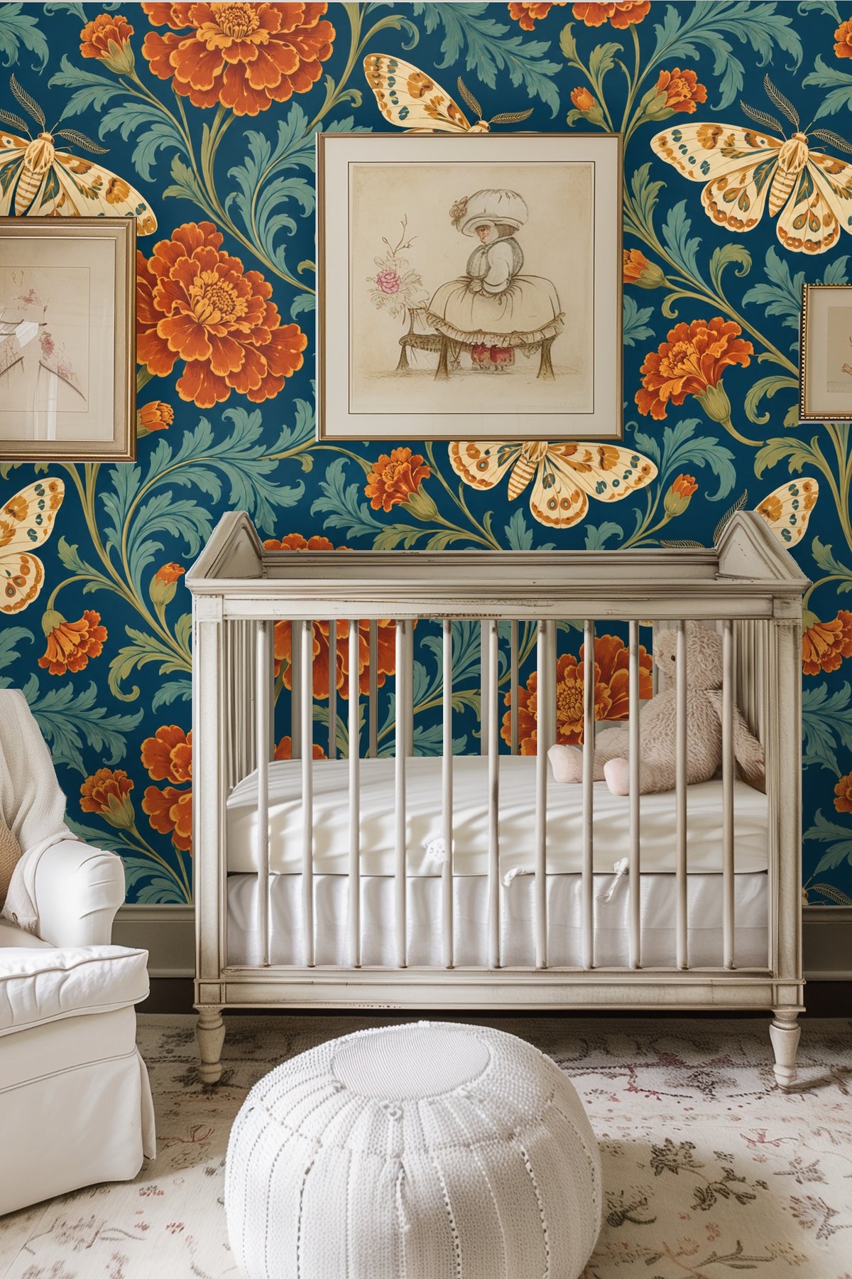 Wallpaper floral pattern showing curling sage green leaves with vintage style marigolds