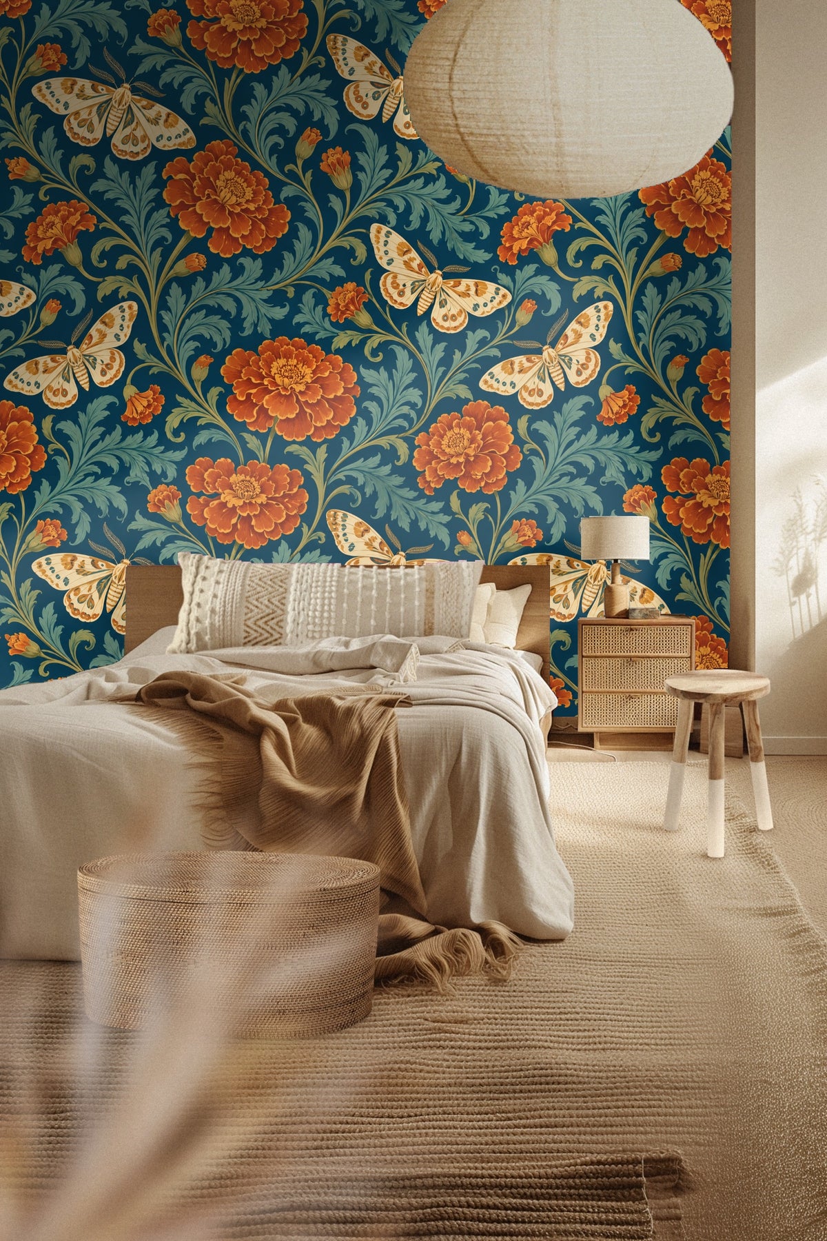 Close-up of wallpaper artwork showing marigold flowers and moths on teal background