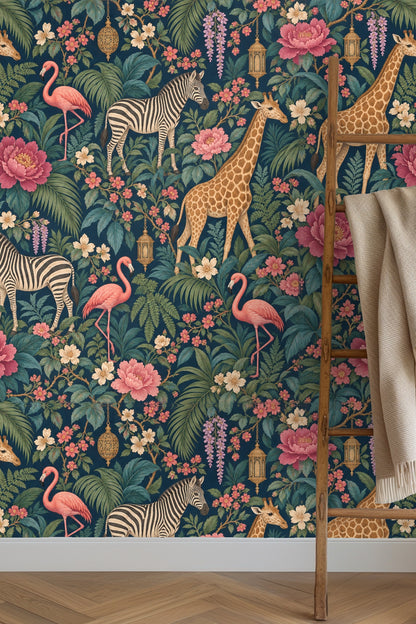 Bathroom with tropical safari wallpaper featuring animals and floral motifs behind white towel hanging on gold ring.