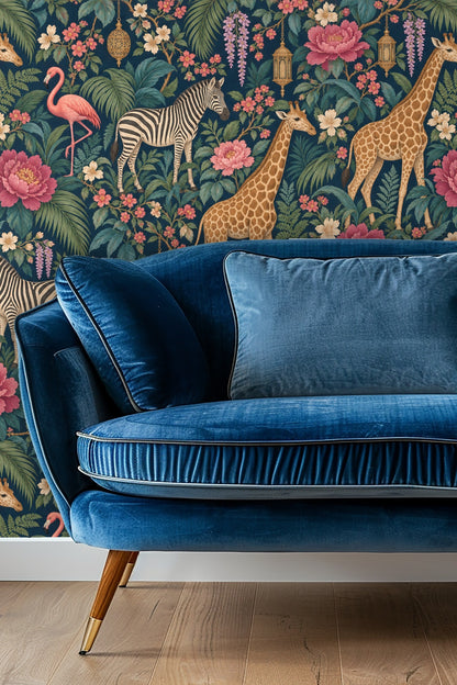Wallpaper detail showing giraffe, flamingo, zebra and lush tropical florals with gold lantern motifs on navy background.