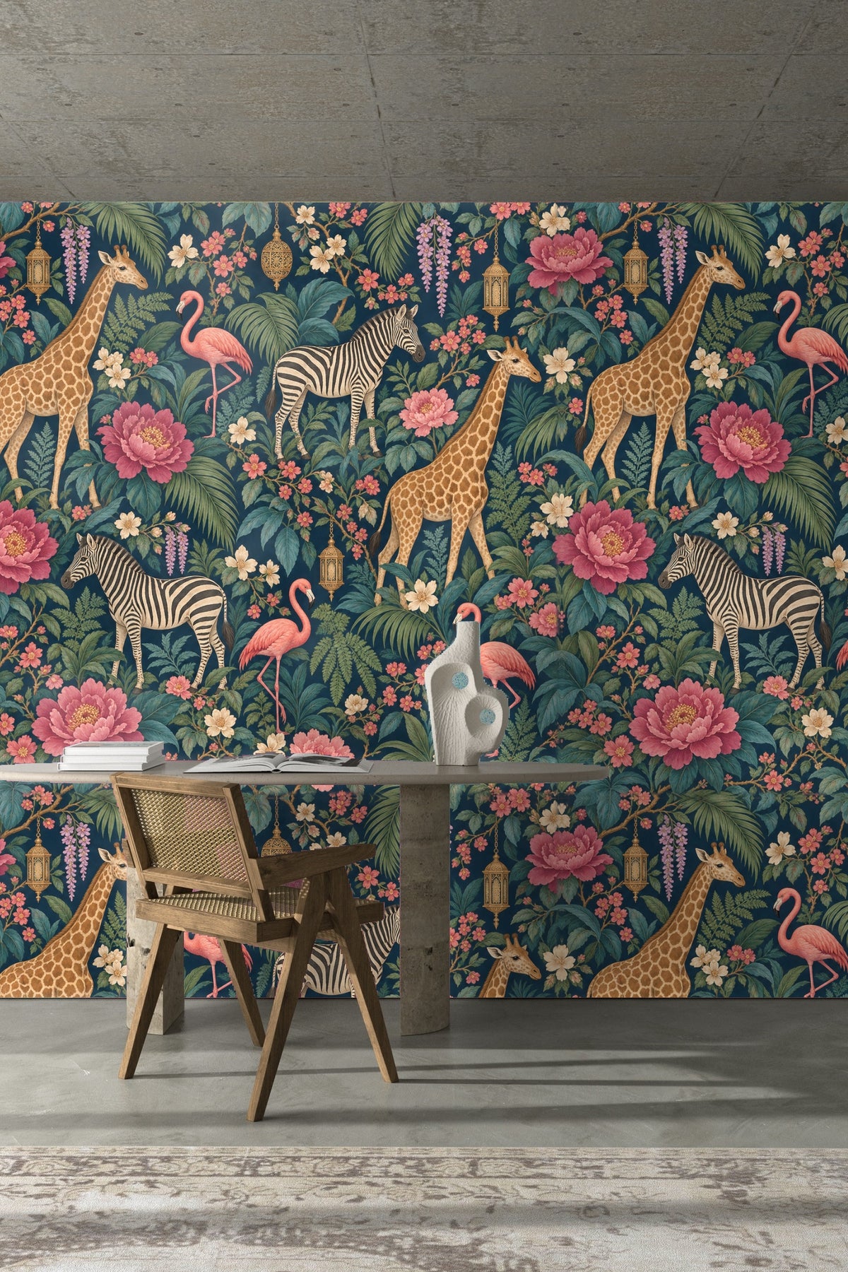 Tropical Safari Luxe wallpaper shown in an interior setting