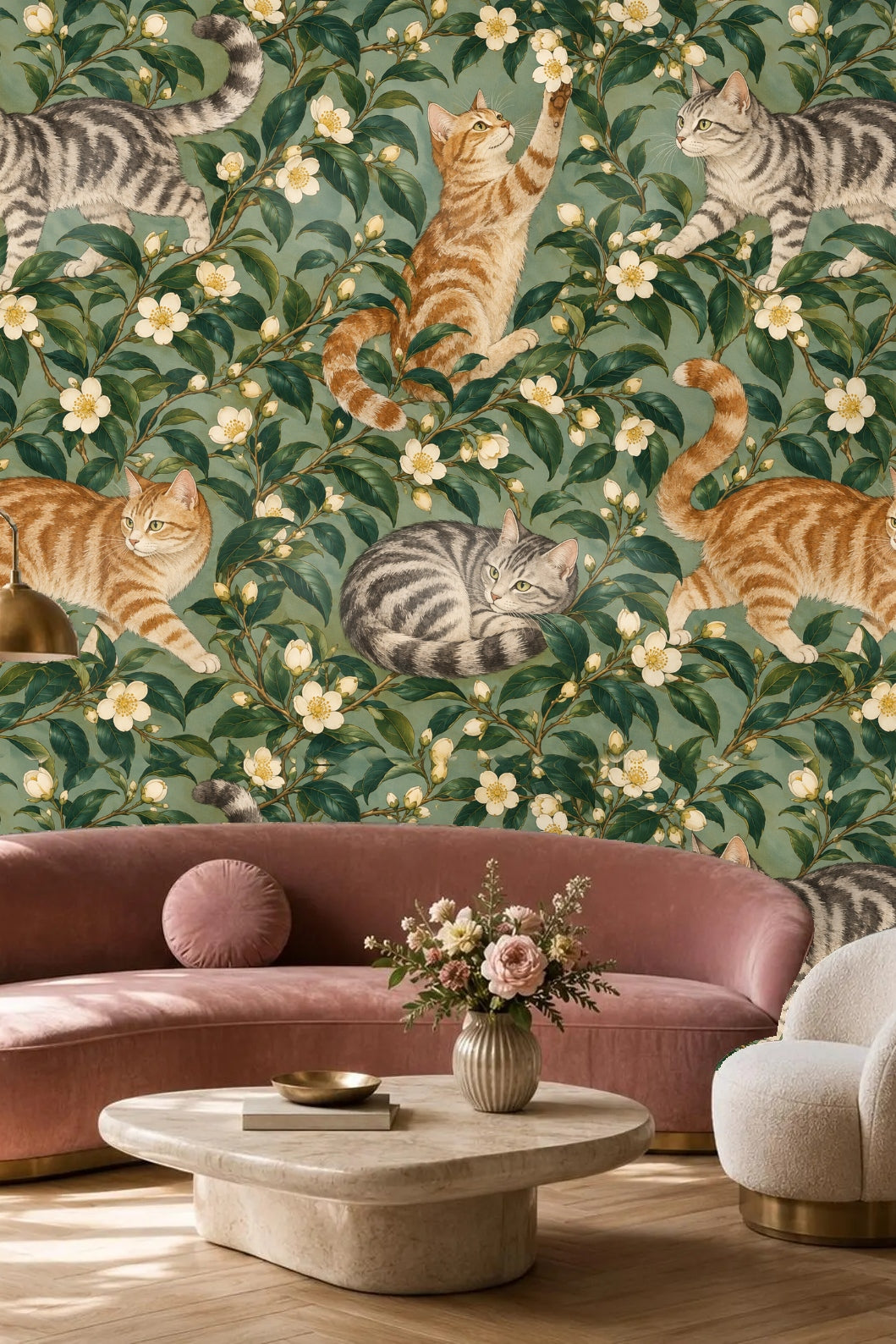 Entryway featuring wallpaper with orange and gray tabby cats among green leaves and white flowers under an arch with wooden doors.