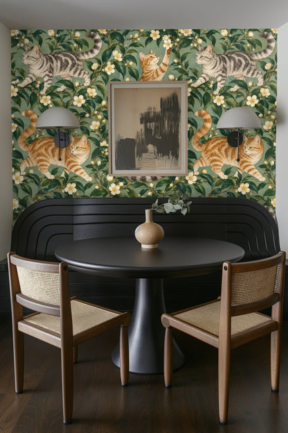 Interior hallway showcasing wallpaper design of cats prowling through camellia branches around doorways.