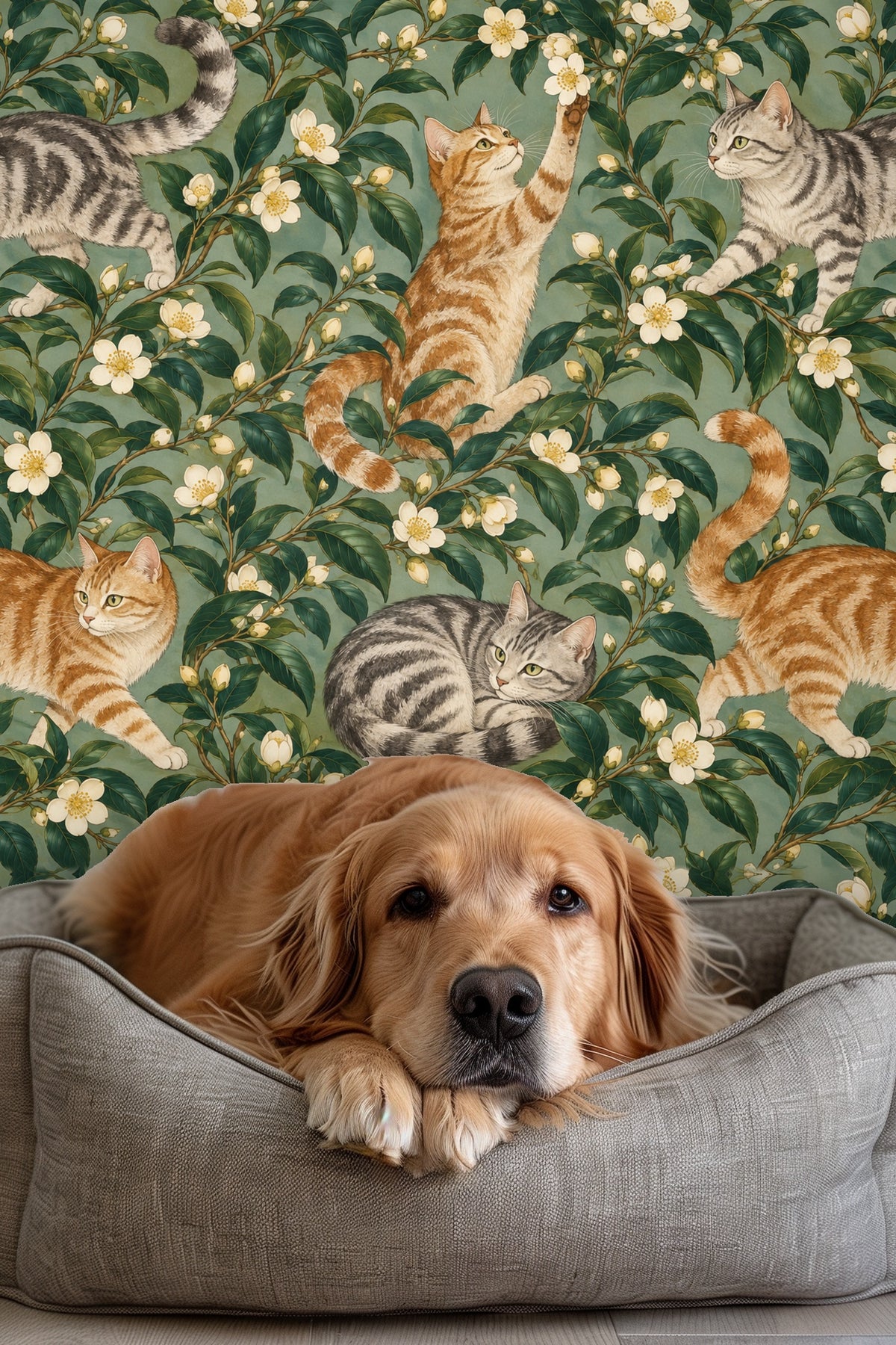 Wall-to-wall wallpaper in living space decorated with curved pink couch and floral feline pattern.