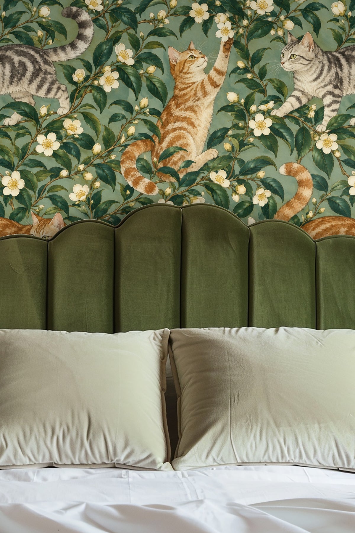 Close-up of wallpaper pattern depicting detailed gray tabby cat walking across camellia branches with white flowers.