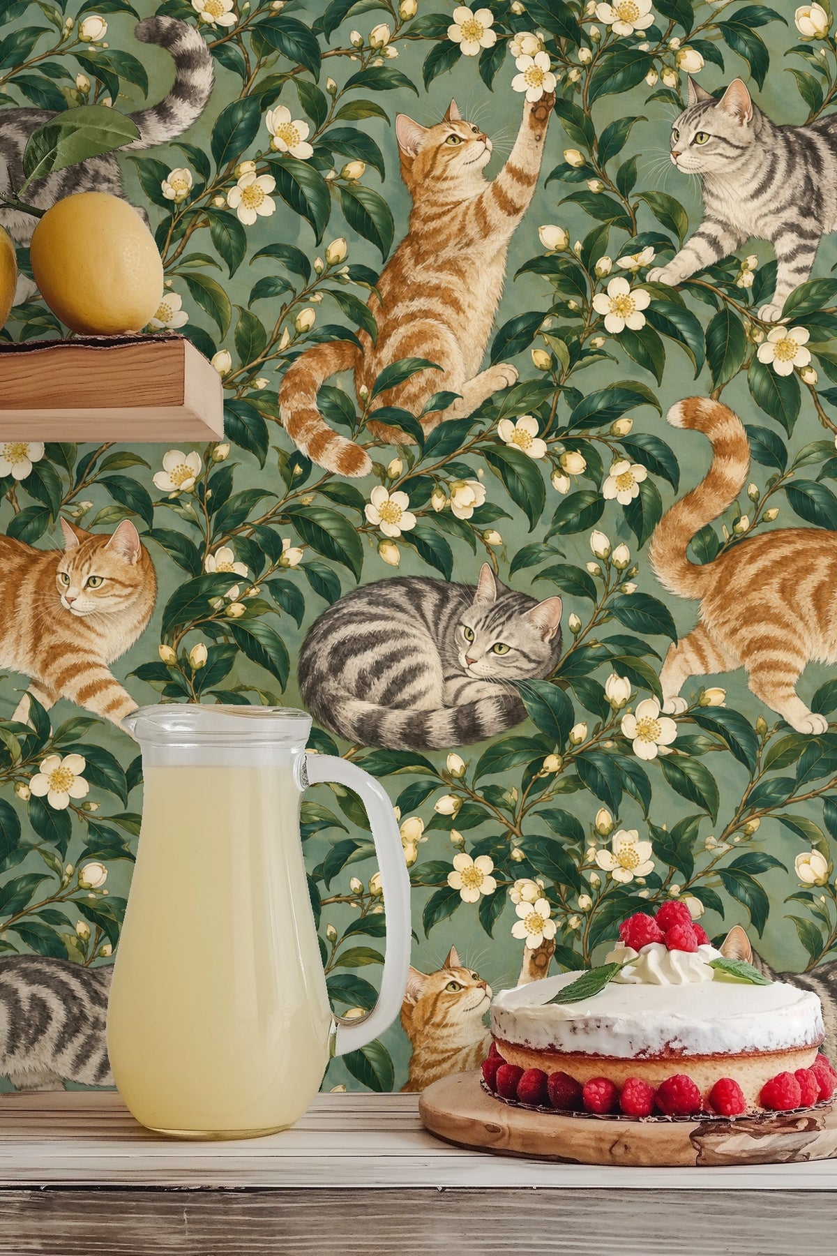 Orange tabby cat standing in profile on wallpaper filled with dense floral and feline motifs.
