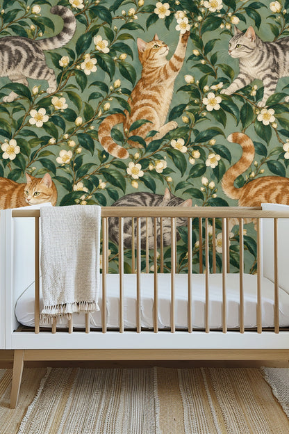 Gray-striped tabby cat lying curled among camellia foliage in detailed wallpaper artwork.