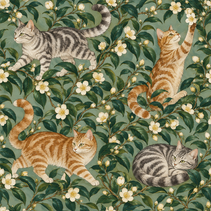 Naturalist style wallpaper with lifelike tabby cats and camellia flowers in harmonious botanical setting.
