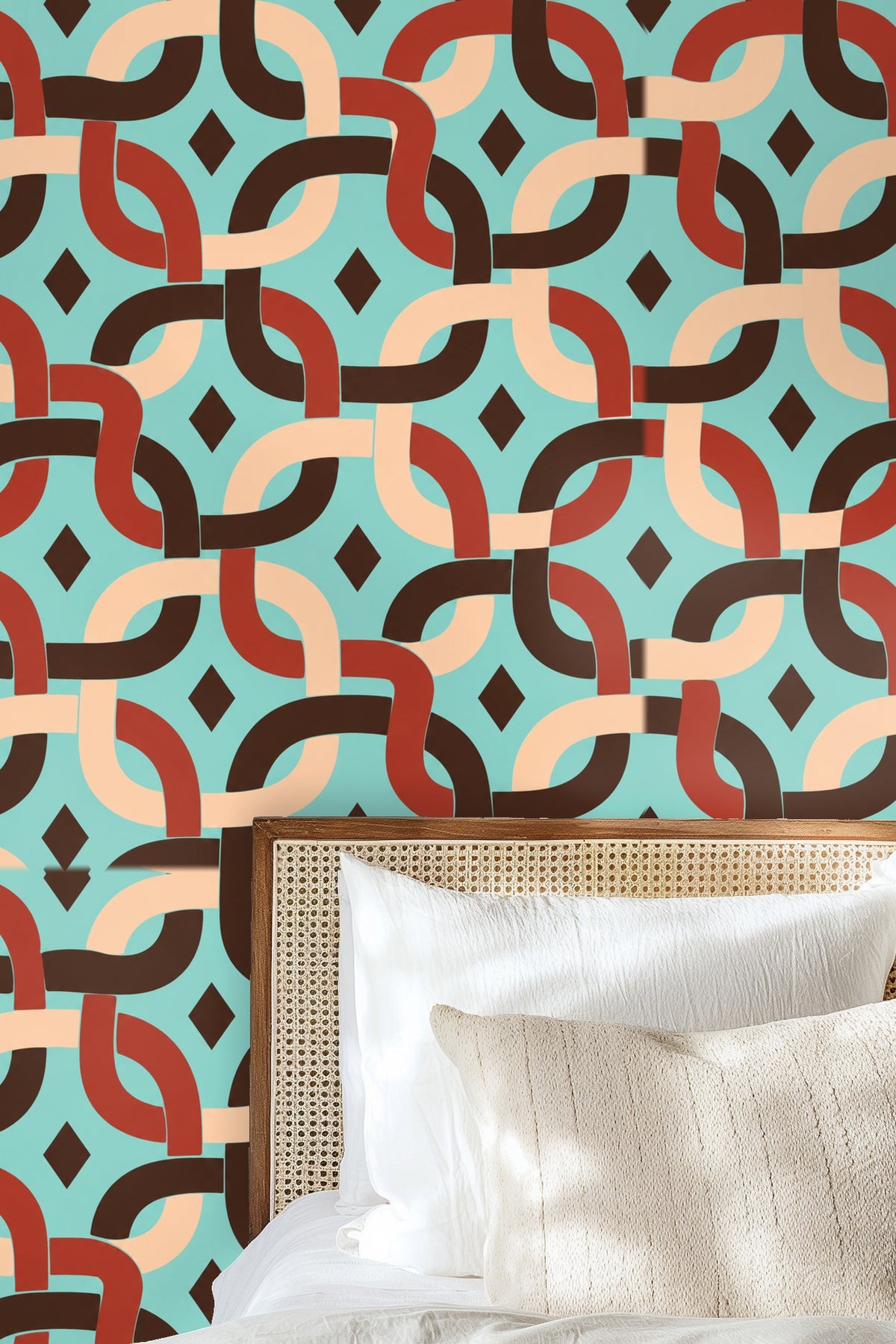 Brown curved bands linking with terracotta loops